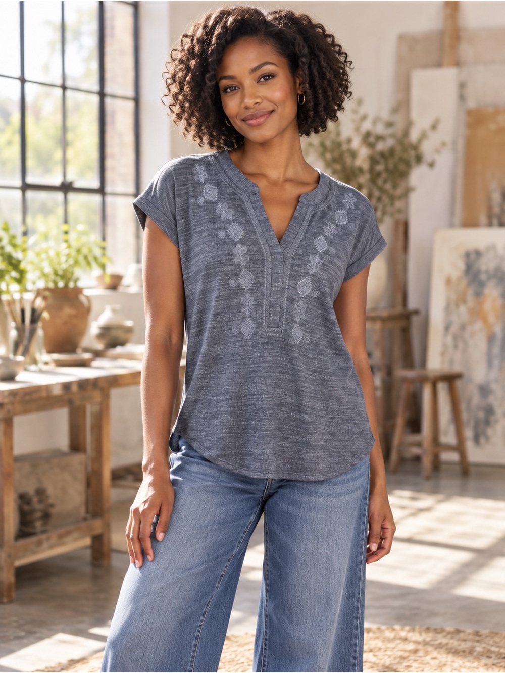 Cable & Gauge Tribal Boho V-Neck Cap Sleeve Top Gray Small Southwestern